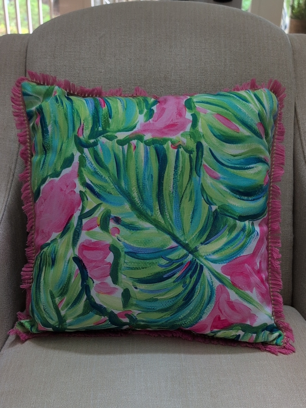 Lilly Pulitzer Tropical Leaf Pink Fringe Decorative Throw Pillow Indoor Outdoor